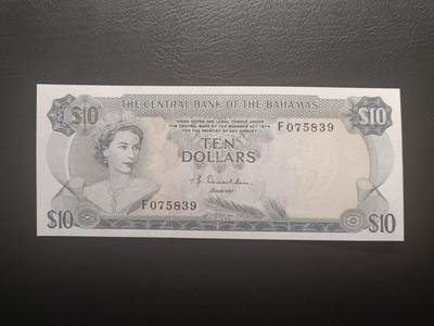 2025十二月第三期，总208期 - 巴哈马1974版10元AUNC，后期“巴哈马中央银行”抬头，稀有的中高面值，大冠女王和火烈鸟，德纳罗公司水粉画风格的唯美彩背