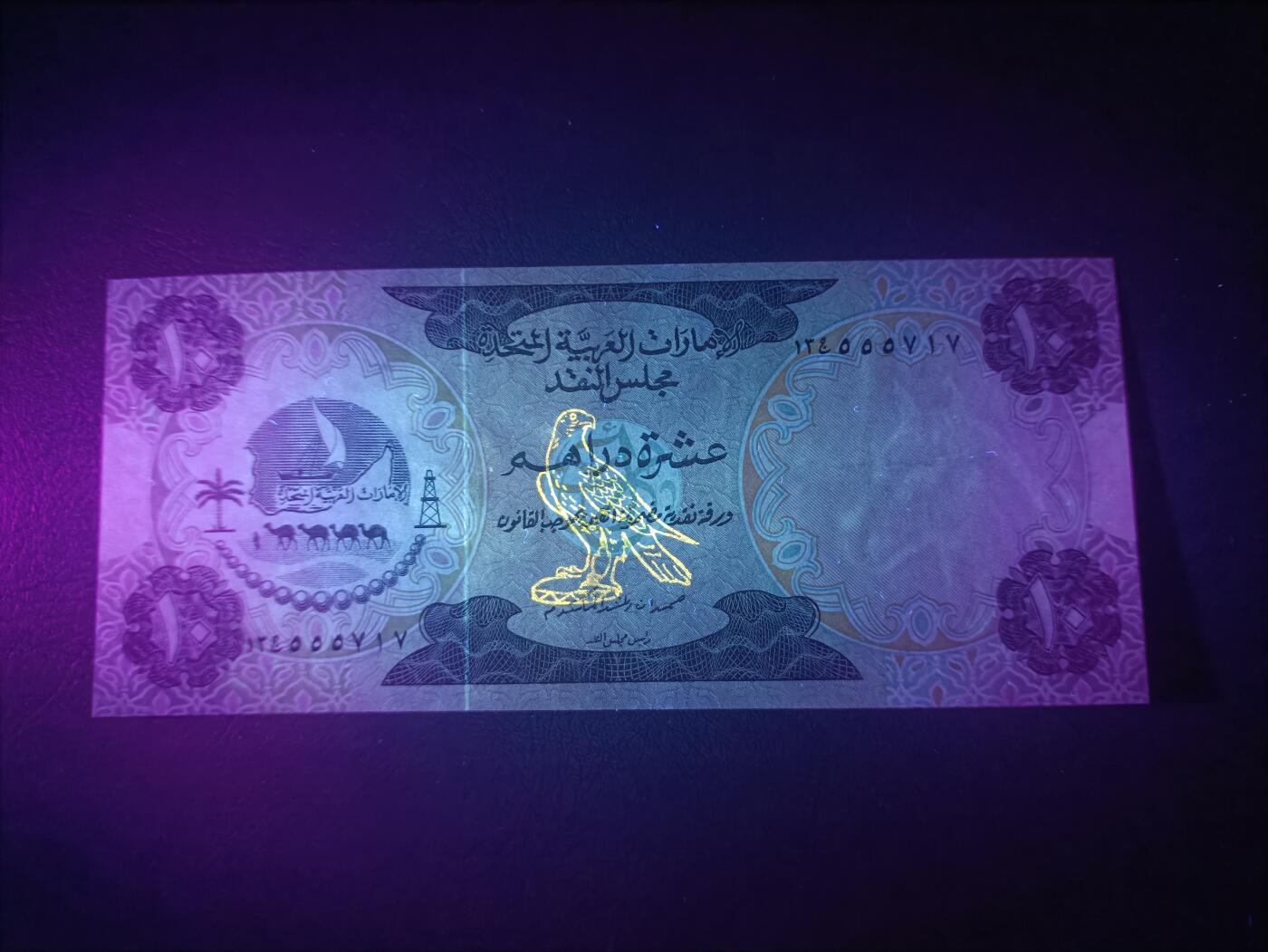 2025十二月第三期，总208期 阿联酋1973版10迪拉姆AUNC，国徽和阿布扎比的填海造陆区，少见的独立后首版高面值