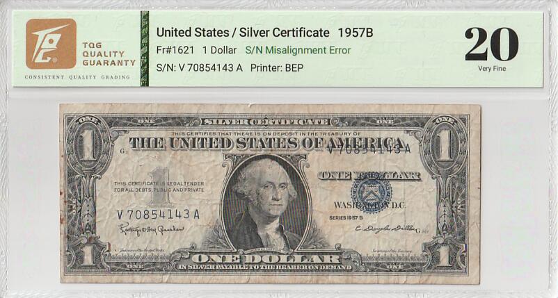 2025十二月第三期，总208期 美国1957B年版银币券1元TQG20分，由于正面号码印刷偏移失误造成了一种有趣的错版品种