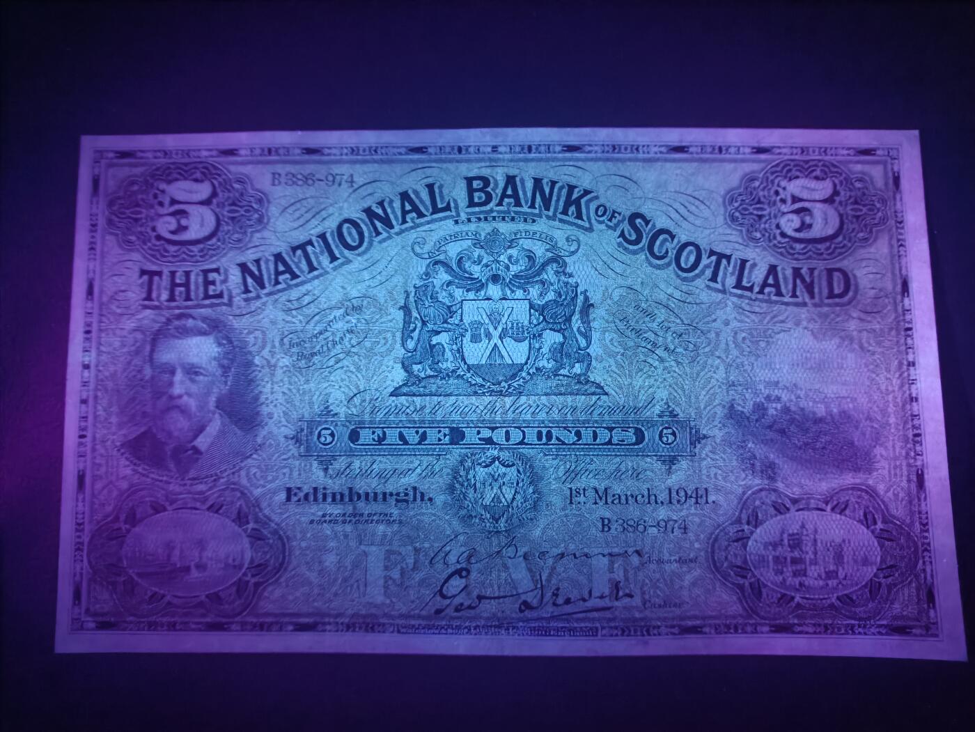 2025十二月第三期，总208期 苏格兰国家银行1941年5镑流通好品XF，早期战时少见大票幅版本