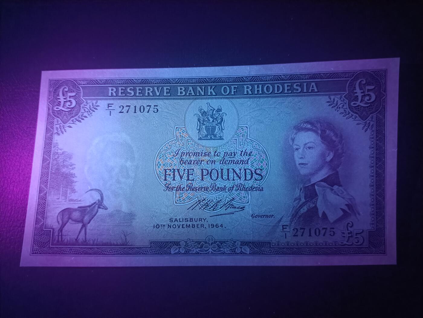 2025十二月第三期，总208期 罗得西亚（现津巴布韦）1964年5镑UNC-当年份首冠F/1，戎装女王和大津巴布韦遗址，早期少见的镑系统时期发行