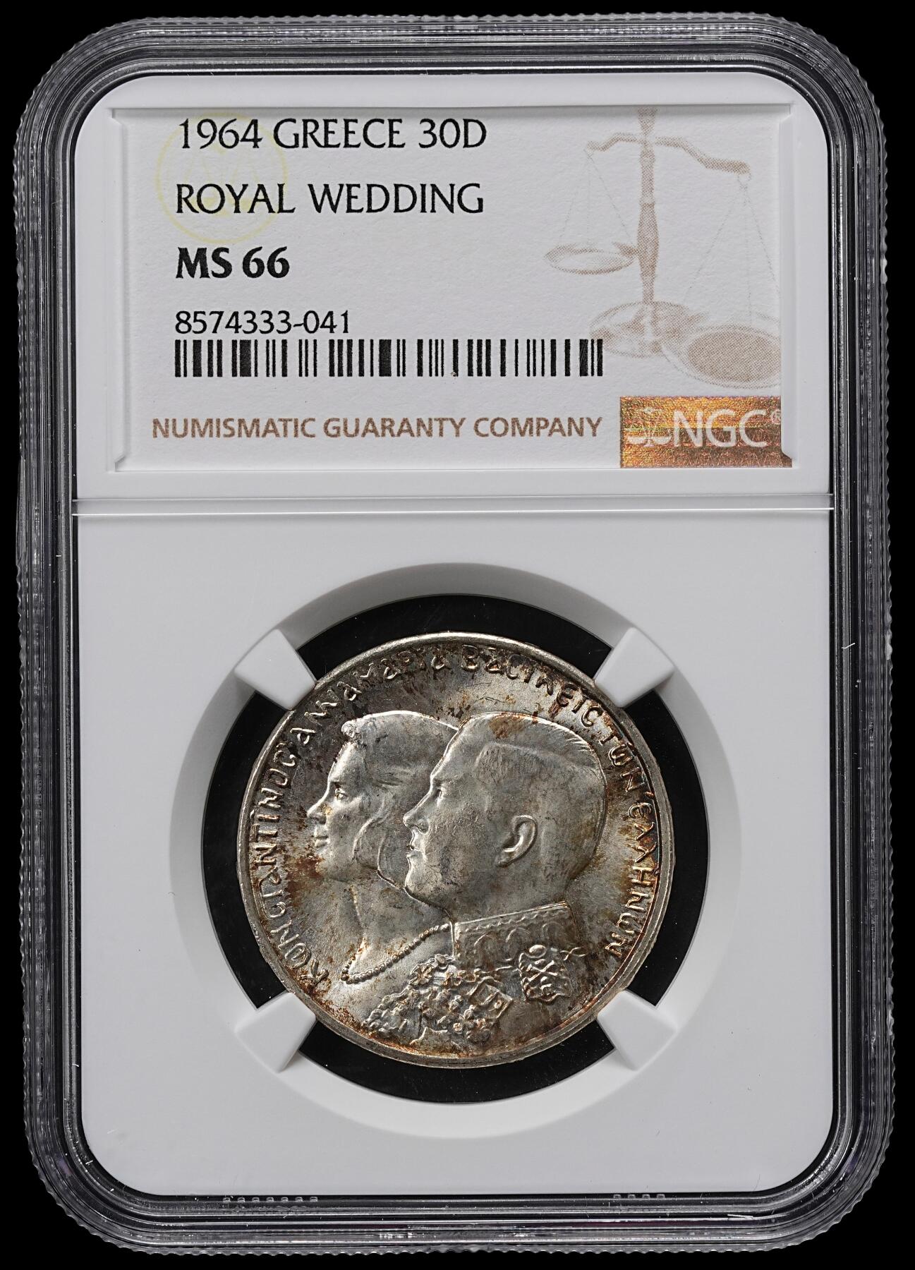修遠堂世界钱币第九十七期 NGC MS66 1964年希腊国王大婚纪念30德拉克马银币 背微逆