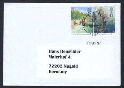 洪涛臻品批发群 精选邮票限时拍卖第1198期  - 英国1997年寄德国实寄封 艾妮德·布莱顿儿童著作-五人组与遥远的树, 带原始内件