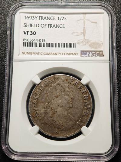 【德藏】世界币章拍卖第157期（拍品征集中~欢迎藏友联系） - 1693年 法国太阳王路易十四1/2埃居银币 NGC VF30 少见盾徽版本 包浆自然