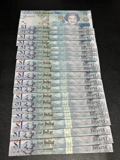 《外钞收藏家》第五百九十三期（精品场）（本平台长期征集拍品、欢迎藏友们联系合作） - 开曼群岛女王钞1元 999头两号20张一起  部分连号（291、256）