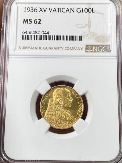 万国钱币拍卖第057期（万国冬季大拍） - NGC MS62 1936年梵蒂冈教皇国庇护十一世100里拉金币 发行量8239枚 黄金转光高点极佳 5.19G