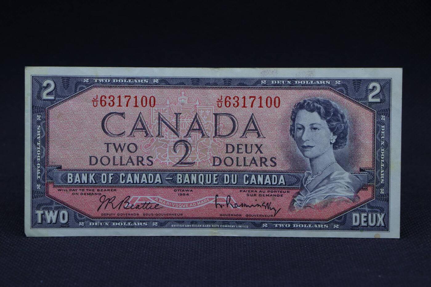 【淘币小摊】限时拍第八百二十八拍  纸币场  满百包邮可预留两周  周一统一发货    加拿大1954年2元纸币【有折】