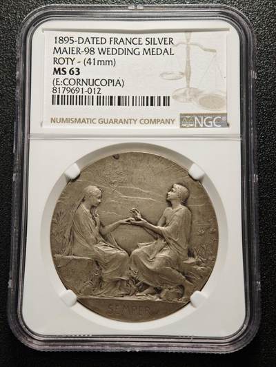 【德藏】世界币章拍卖第157期（拍品征集中~欢迎藏友联系） - 1895年 法国结婚纪念银章全新未刻字 名家罗蒂作品  NGC MS63 原味包浆