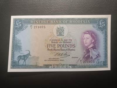 2025十二月第三期，总208期 - 罗得西亚（现津巴布韦）1964年5镑UNC-当年份首冠F/1，戎装女王和大津巴布韦遗址，早期少见的镑系统时期发行