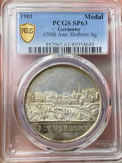 万国钱币拍卖第057期（万国冬季大拍） - PCGS SP63 1901年德国景观银章 黑森赫尔博恩建城650周年纪念 高分好状态 镜面精铸，五彩包浆，高浮雕，实物极美。正面:赫尔博恩城市景观。城堡，塔楼，城墙，护城河，郊区森林，刻画极其精细。背面:赫尔博恩城市盾徽。城市守护神圣彼得手持权杖和宝球，接受市民的加冕与钥匙。大热门德系城市景观，绝佳藏品。