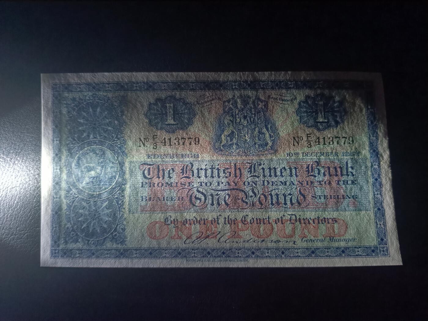 2025十二月第三期，总208期 苏格兰不列颠亚麻银行1957年1镑UNC微潮，不列颠尼亚女神，早期大票幅版本，稀有品种