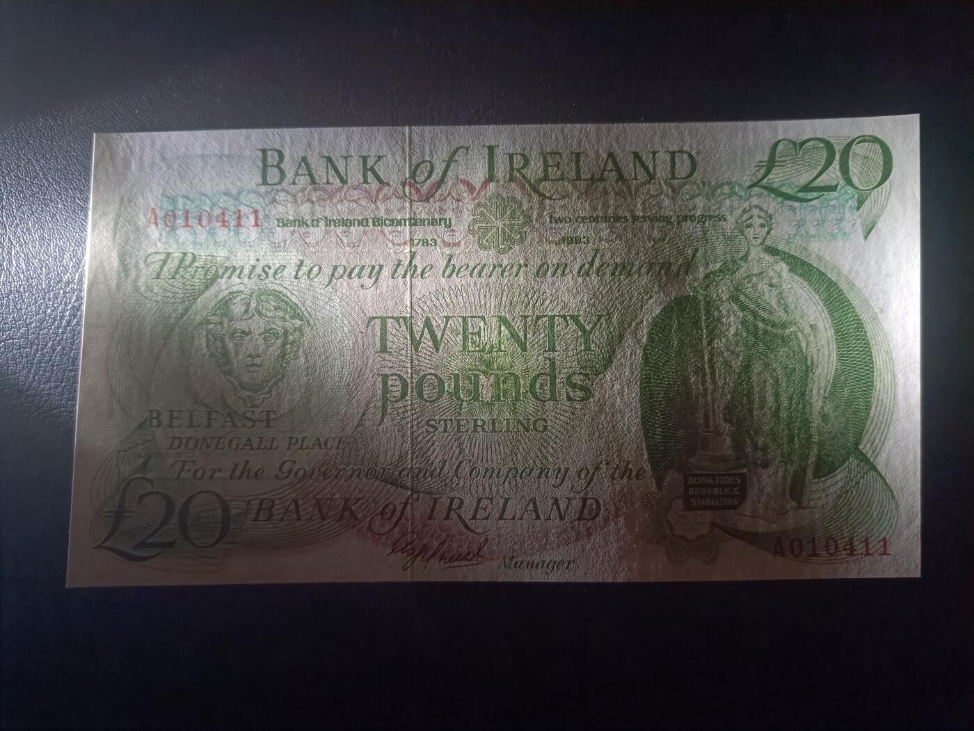2025十二月第三期，总208期 爱尔兰银行1983年开业200周年20镑纪念钞AUNC首冠A，爱尔兰女神和银行大楼与代表性物产