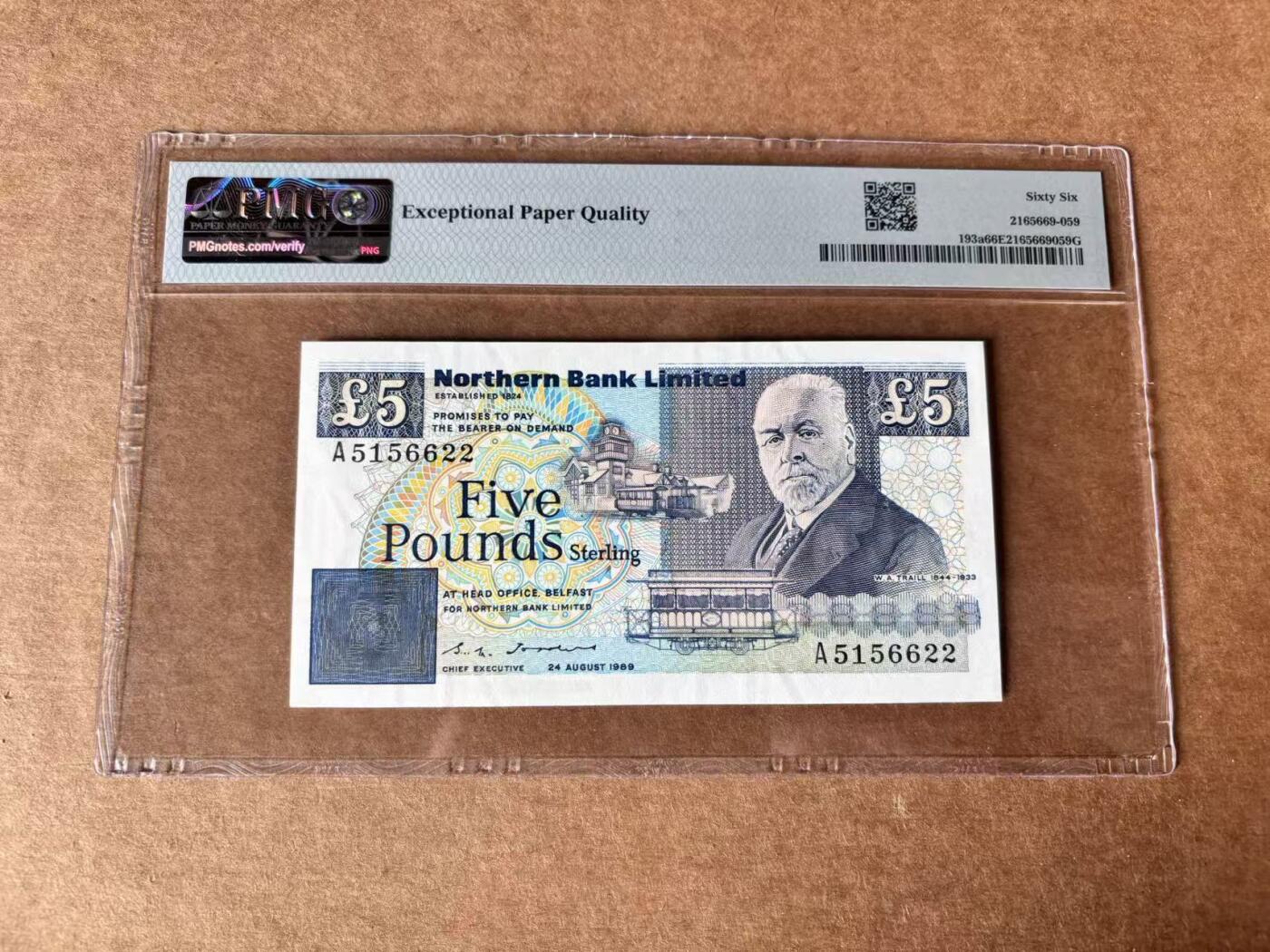 【Blue Auction】世界纸币精拍第761期——18级TOP拍卖/信誉/品质/专业/高效💫 【A冠无47 错钞 漏印】北爱尔兰 1988-89年5镑 PMG66EPQ  满版水印