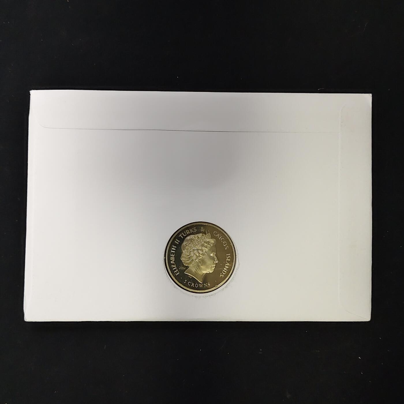 【全场包邮】纯粹捡漏拍485场（免费代拍第22场） 【邮币封】特克斯和凯克斯群岛2004年5克朗女王加冕五十周年克朗型纪念币邮币封