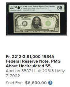 【Blue Auction】世界纸币精拍第761期——18级TOP拍卖/信誉/品质/专业/高效💫  【芝加哥Mule版】美国 1934年1000美金 普通玩家可收藏的最高面值美金 永久可兑换非常保值 PMG53EPQ 近新原票 正面人像前总统克利夫兰 当时一辆车也就小几百美金 该面值购买力爆炸（1934年1月罗斯福政府通过了《黄金储备法案》，禁止私人储藏黄金，1盎司黄金=35美元）老壳 （22年55分无E该版本拍了6600美金 这张带E更好 如今价格更高）