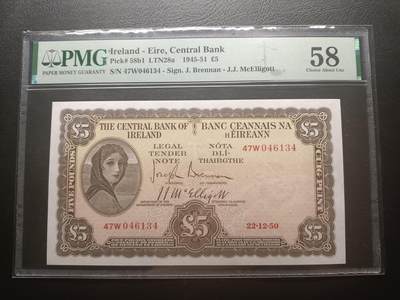 2025十二月第三期，总208期 - 爱尔兰1950年5镑PMG58分，早期下方有英爱两国货币互换协议的版本，爱尔兰人格化象征“拉维利夫人”