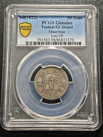 【德藏】世界币章拍卖第157期（拍品征集中~欢迎藏友联系） - 1822年 英属毛里求斯50Sous银币 PCGS XF 少见品种