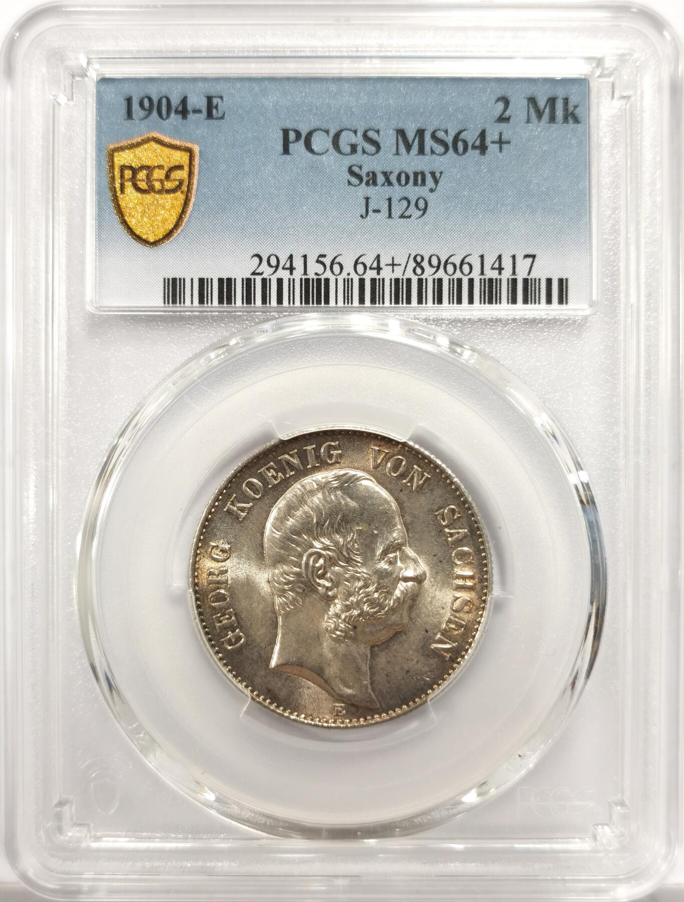 博洋堂世界钱币拍卖第151期（全场包邮） PCGS MS64+ 德国萨克森1904年乔治大公流通2马克银币，淡金包浆，稀少的流通版！