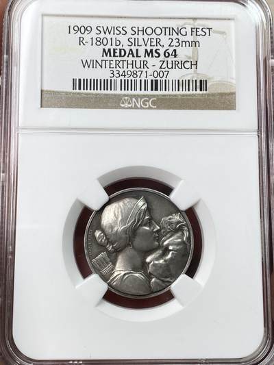 万国钱币拍卖第057期（万国冬季大拍） - NGC MS64 1909年瑞士银章 温特图尔-苏黎世射击节纪念 Richter-1801b 唯一记录冠军分 正面:瑞士女神赫尔维蒂亚背着箭袋，雄狮与其相拥。象征着狩猎的壮举。背面:小天使背着象征冠军的花环。设计独一无二，可爱精巧。银质发行量仅仅78枚，RR级，极其少见品种。ngc老盒严评，品质保证。瑞章独有的唯美设计，精工细作。瑞射藏家不可错过的一枚。
