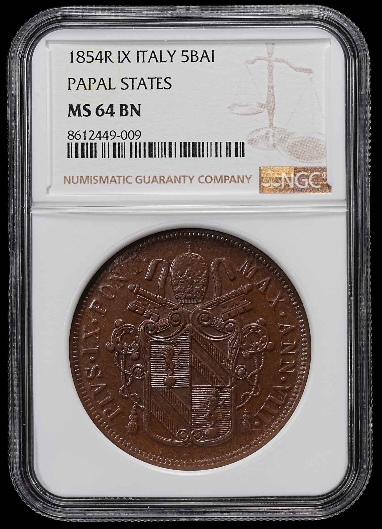 修遠堂世界钱币第九十七期 NGC MS64BN 1854年教皇国5 BAIOCCHI大铜币 重达37g 加厚盒 冠军分