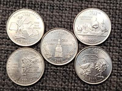 布加迪🐬～世界钱币(上海)🌾第 264 期 /  各国套币和散币 - 美国🇺🇸洲币 2000年 25分 5枚 原卷拆出未流通品相