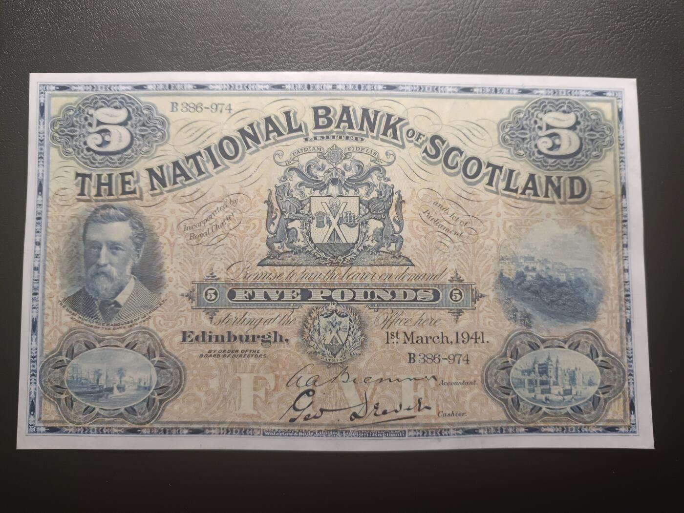 2025十二月第三期，总208期 苏格兰国家银行1941年5镑流通好品XF，早期战时少见大票幅版本