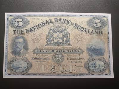 2025十二月第三期，总208期 - 苏格兰国家银行1941年5镑流通好品XF，早期战时少见大票幅版本