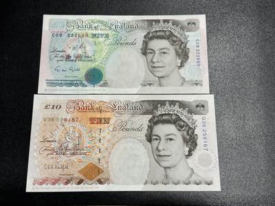 《外钞收藏家》第五百九十三期（精品场）（本平台长期征集拍品、欢迎藏友们联系合作） - 英国E序列5和10镑 初版 两张一起 全新 轻微潮点