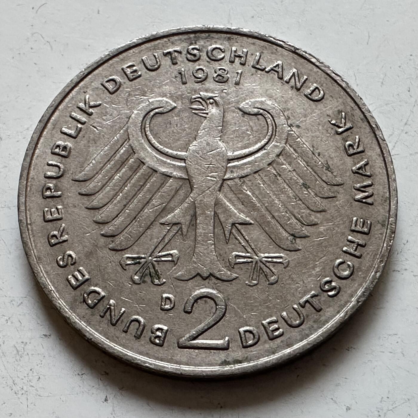 🌹外币初藏🌹🐯2025年第140场  每周二四六晚8️⃣点 接代拍 德国1981年D版 2马克 阿登纳