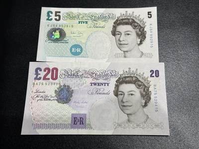 《外钞收藏家》第五百九十三期（精品场）（本平台长期征集拍品、欢迎藏友们联系合作） - 英国E序列再版5 全新轻微潮和20镑UNC-