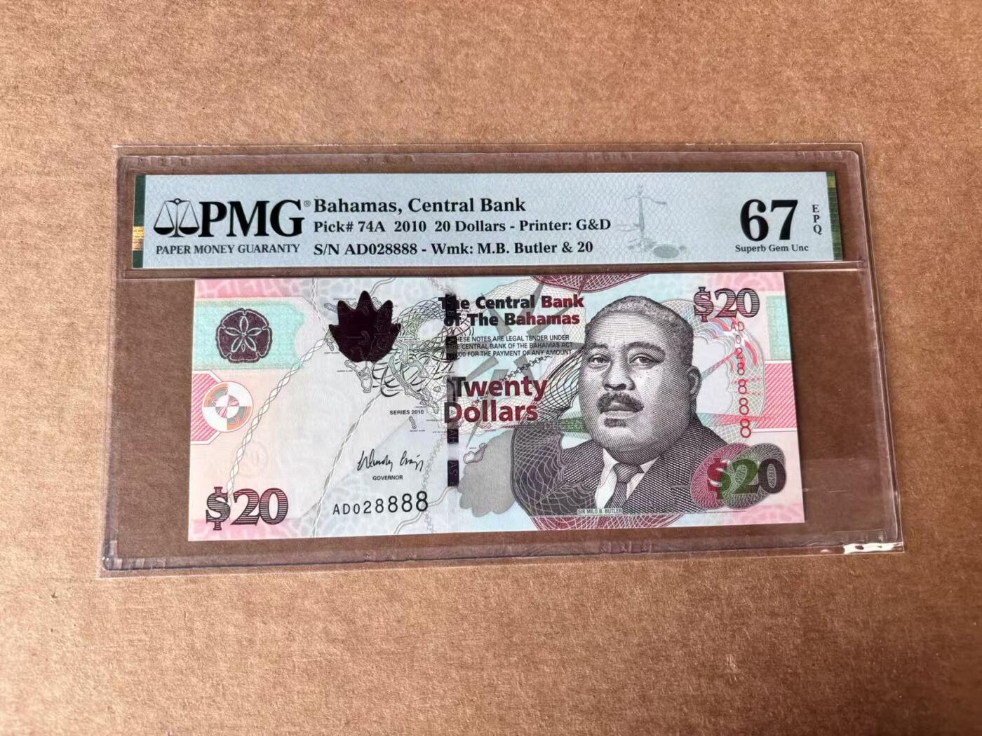 【Blue Auction】世界纸币精拍第761期——18级TOP拍卖/信誉/品质/专业/高效💫  【8888狮子号无47】巴哈马 2010年20元   PMG67EPQ 