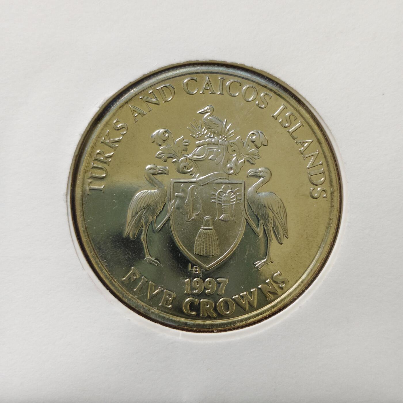 【全场包邮】纯粹捡漏拍485场（免费代拍第22场） 【邮币封】特克斯和凯克斯群岛1997年5克朗女王金婚克朗型纪念币邮币封