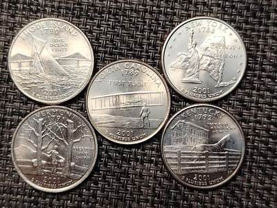 布加迪🐬～世界钱币(上海)🌾第 264 期 /  各国套币和散币 - 美国🇺🇸洲币 2001年 25分 5枚 原卷拆出未流通品相