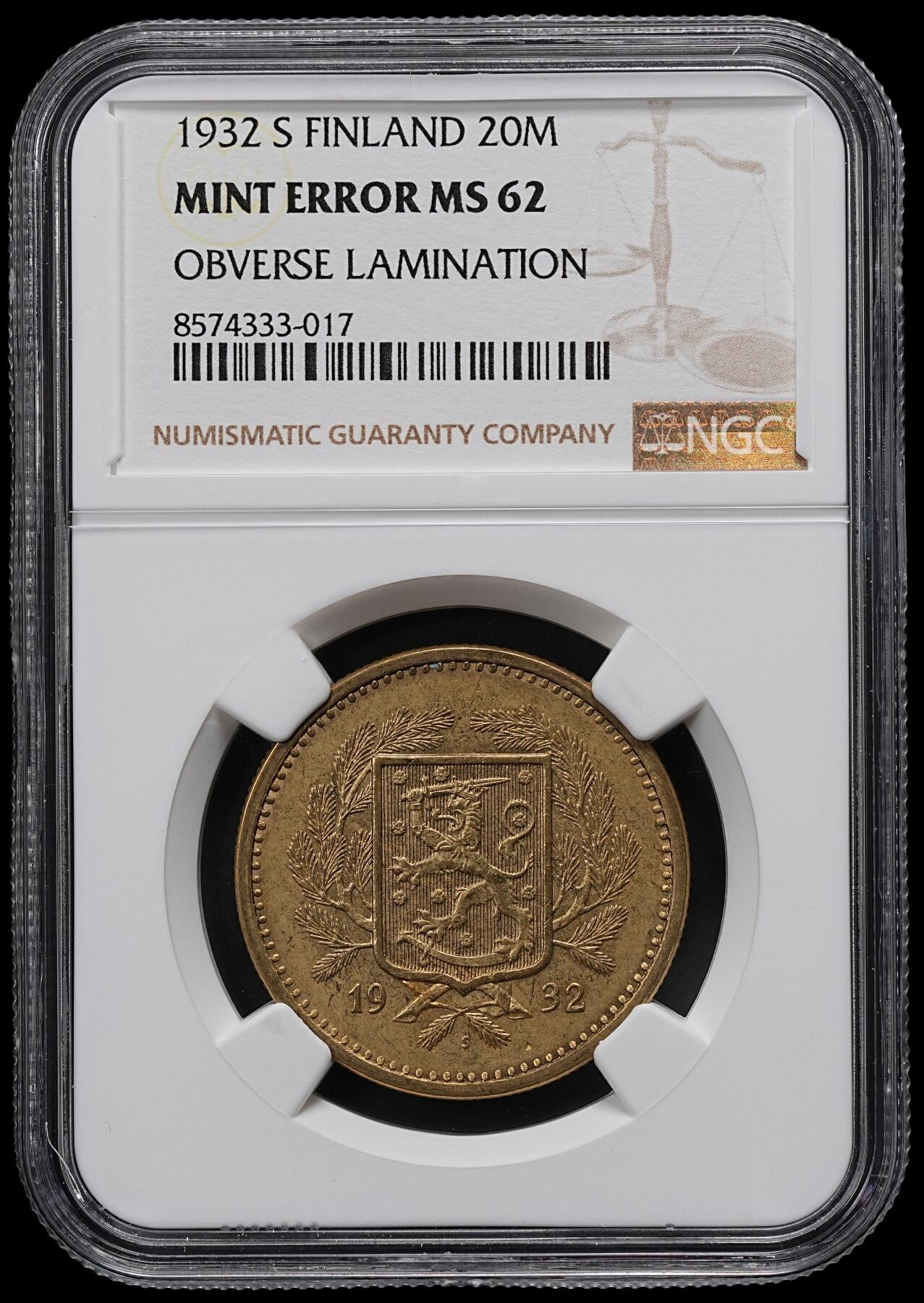 修遠堂世界钱币第九十七期 NGC MS62 1932年芬兰20马克 仅铸造了14000枚 更有错版加持