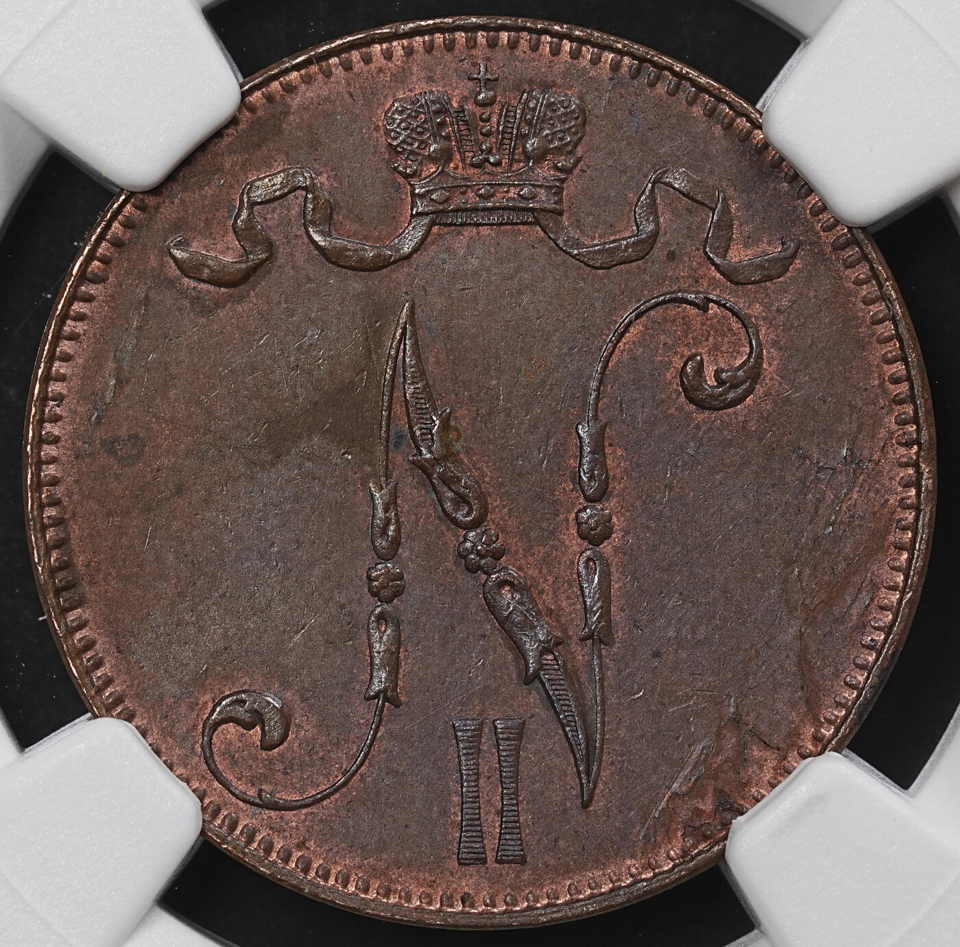 修遠堂世界钱币第九十七期 NGC MS62BN 1897年芬兰5盆尼铜币 较少见年份