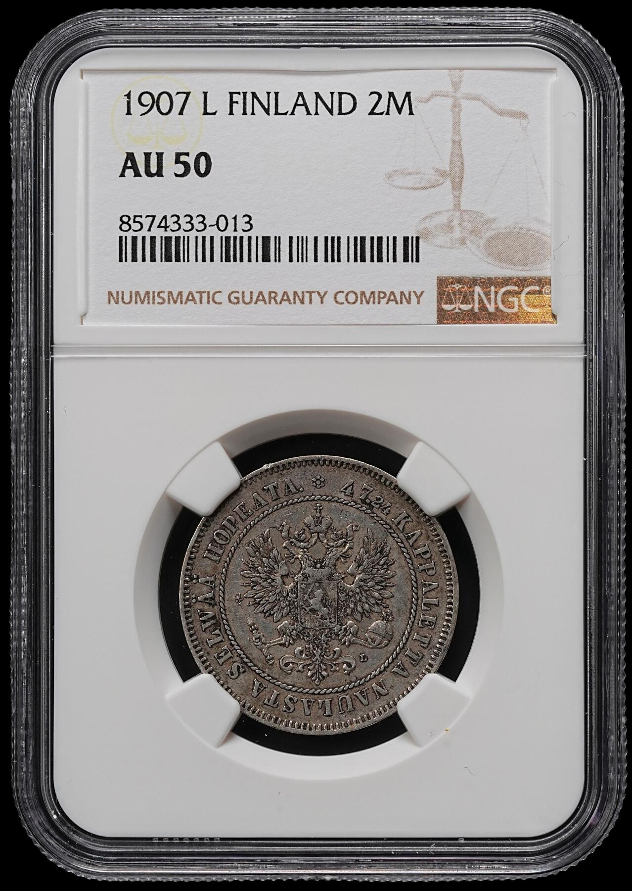 修遠堂世界钱币第九十七期 NGC AU50 1907年芬兰2马克银币 好品少见