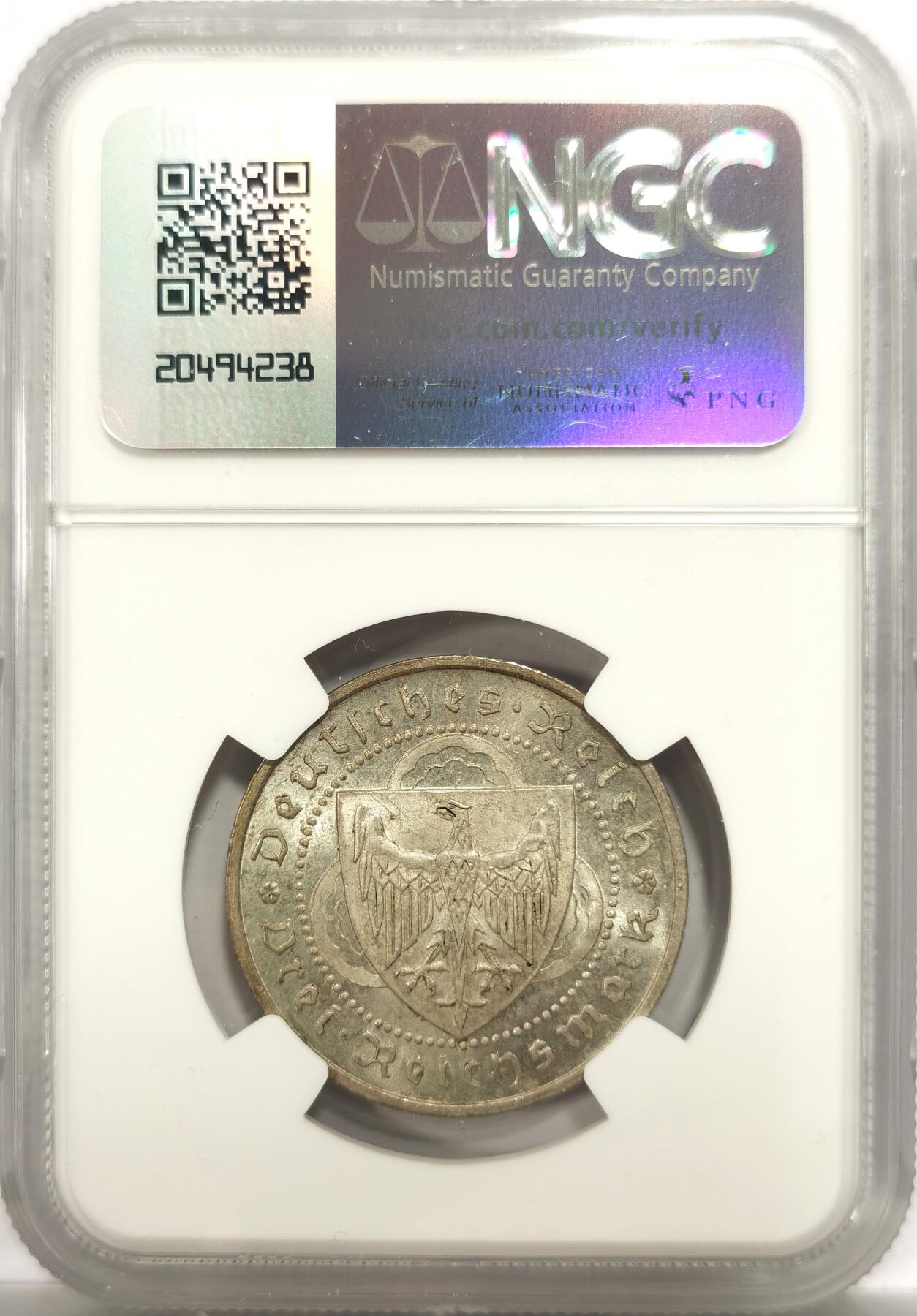 博洋堂世界钱币拍卖第151期（全场包邮） NGC MS62 德国魏玛1930年弗洛尔瓦伊德3马克银币，低评了！