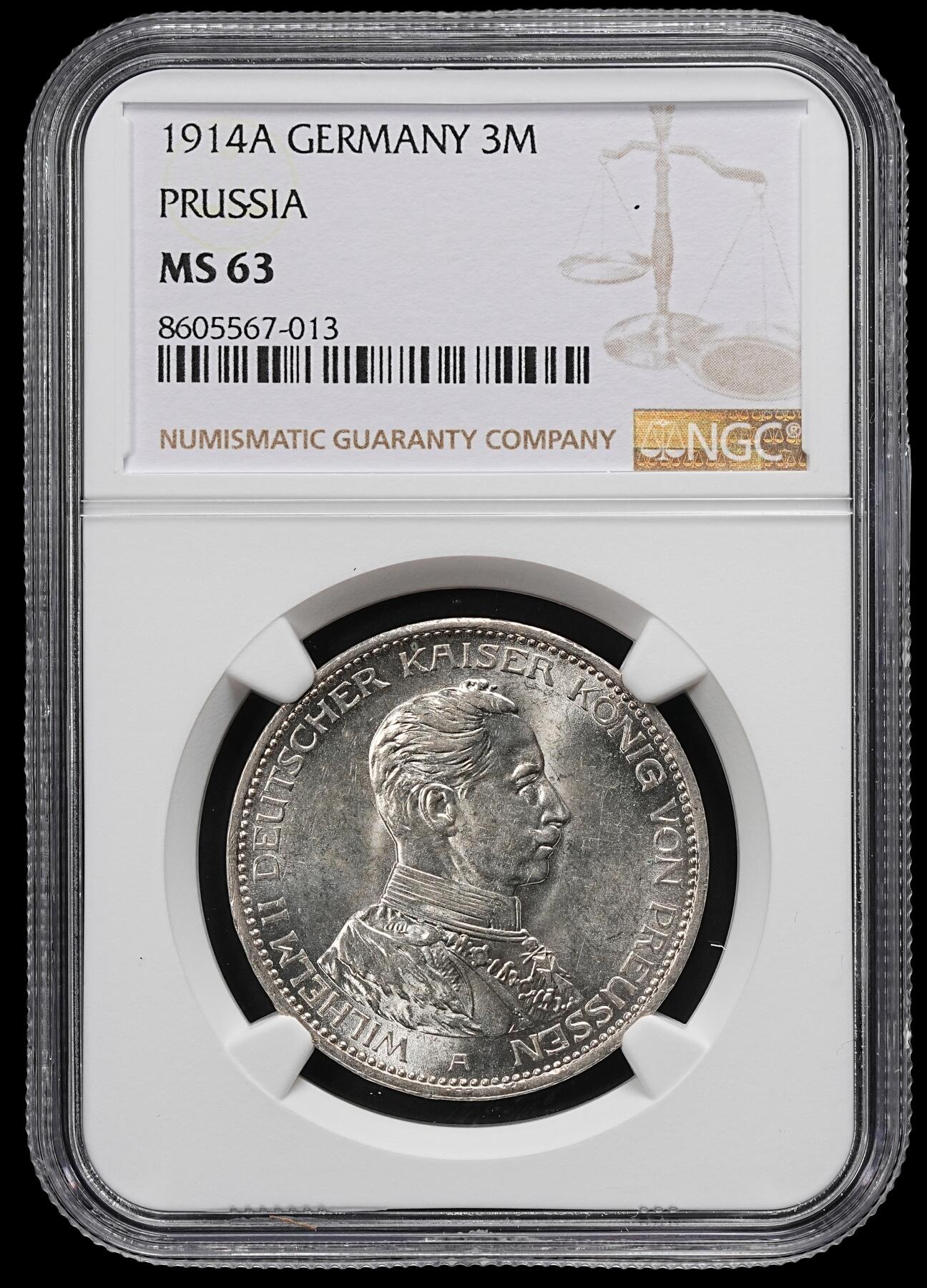修遠堂世界钱币第九十七期 NGC MS63 1914年普鲁士威廉二世军装3马克银币