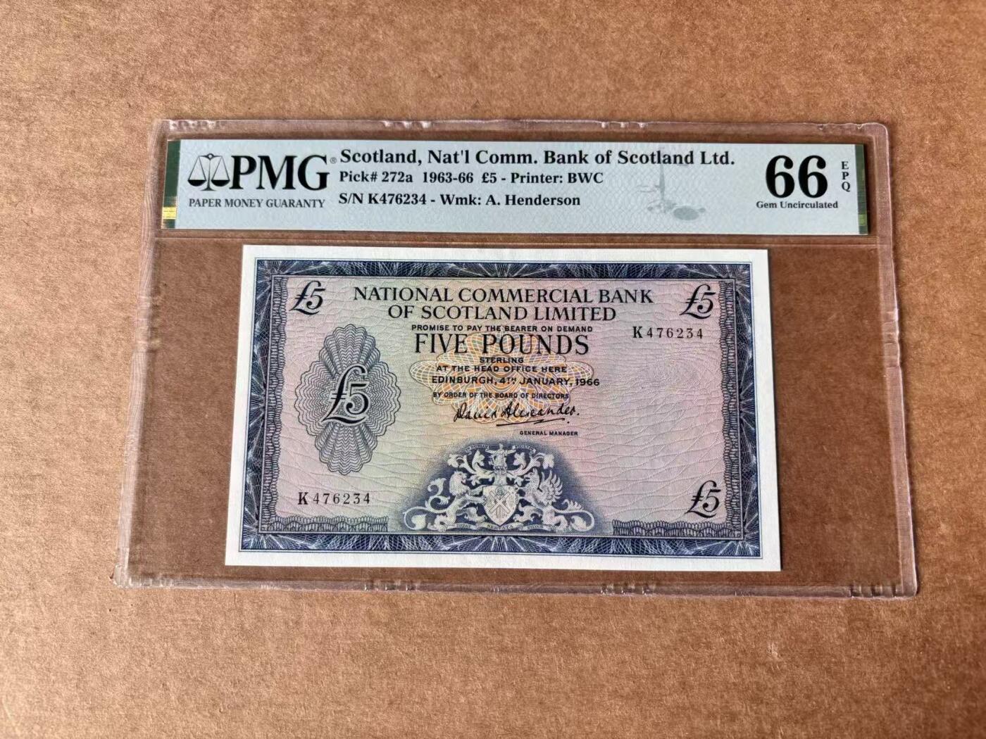 【Blue Auction】世界纸币精拍第761期——18级TOP拍卖/信誉/品质/专业/高效💫 苏格兰 1966年5镑 PMG66EPQ BWC出品 雕刻精美