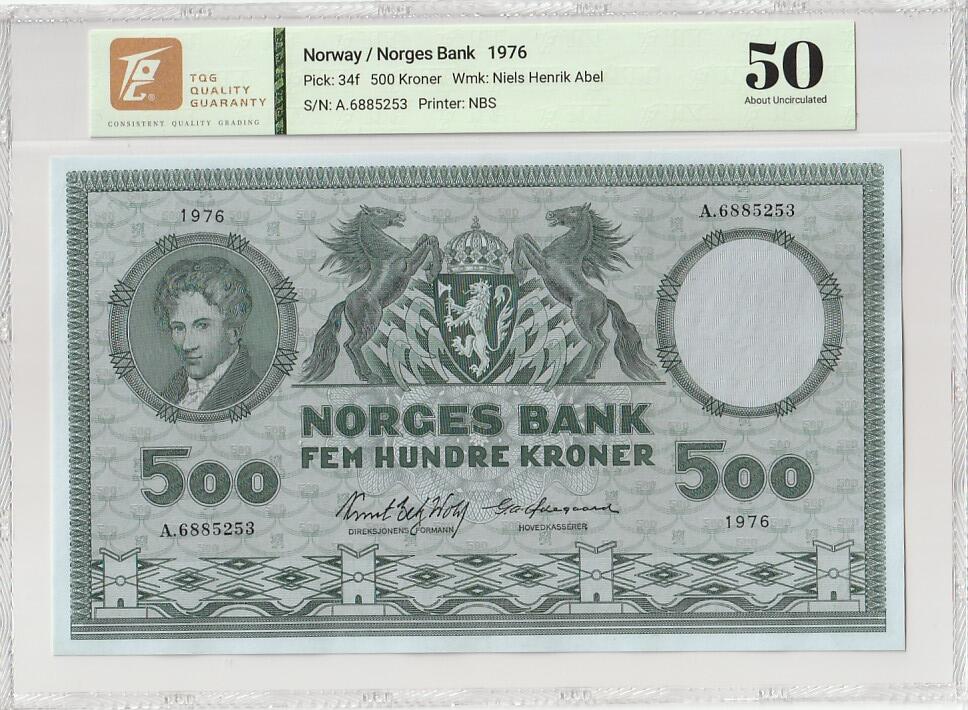 2025十二月第三期，总208期 挪威1976年500克朗TQG50分首冠A冠无47，超级大票幅，椭圆函数奠基人之一的数学家阿贝尔和河边工厂里二人进行机械制造的图景，挪威钞票历史上经典的品种之一