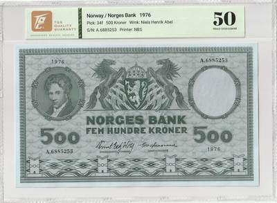 2025十二月第三期，总208期 - 挪威1976年500克朗TQG50分首冠A冠无47，超级大票幅，椭圆函数奠基人之一的数学家阿贝尔和河边工厂里二人进行机械制造的图景，挪威钞票历史上经典的品种之一