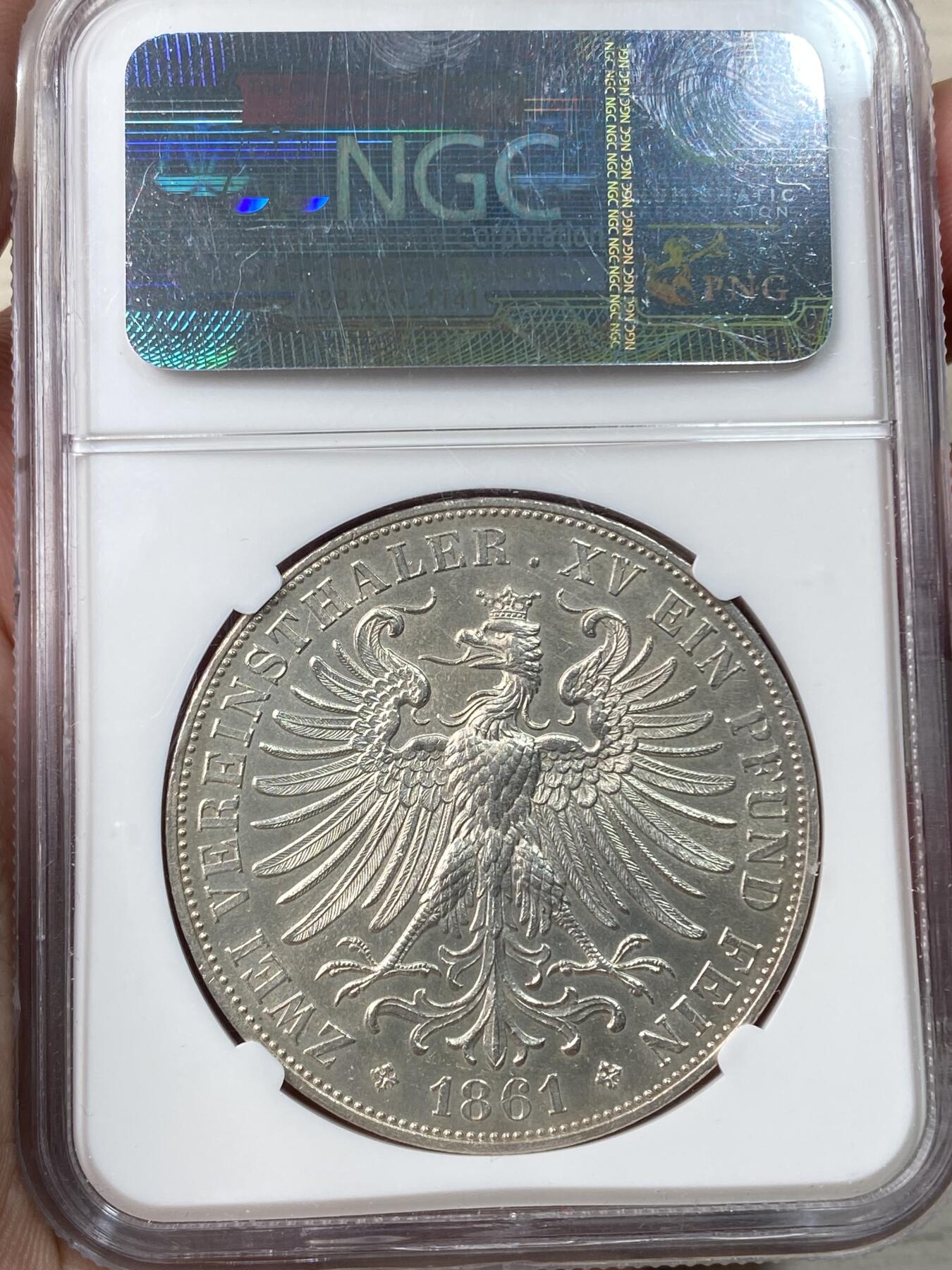 万国钱币拍卖第057期（万国冬季大拍） NGC MS63 1861年德国法兰克福少女流通2泰勒 经典NGC老盒法兰城少女2T 银霜转光极美收藏级