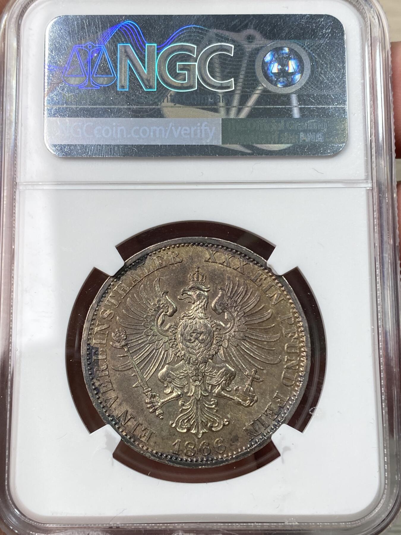 万国钱币拍卖第057期（万国冬季大拍） NGC MS63 1866年德国普鲁士普奥战争胜利泰勒 双面醇厚深五彩 原味入藏品质
