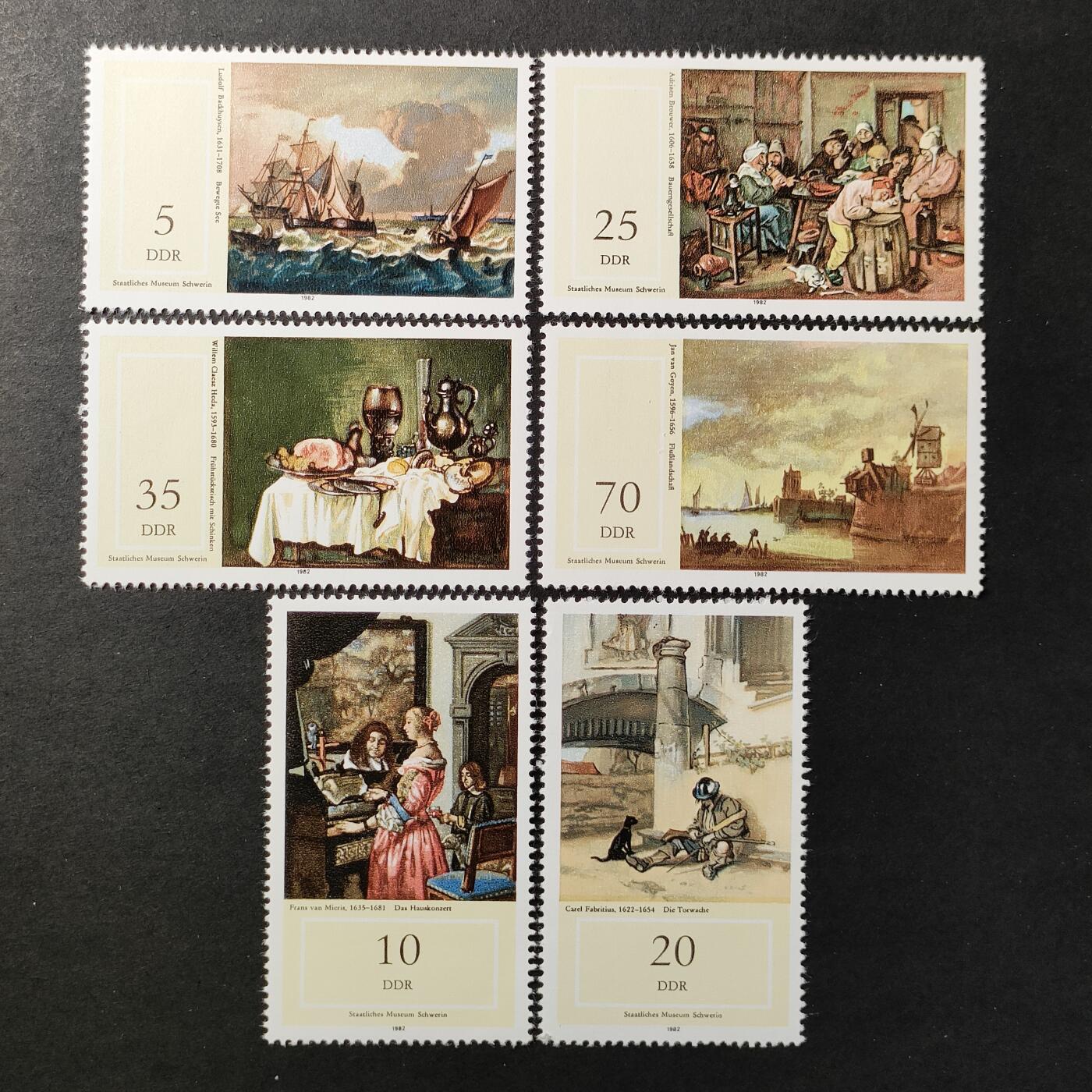 ↓君缘收藏678期☞钱币邮品↓无佣金、可寄存、满30元包邮  德国邮票东德，1982年什未林国家博物馆尼德兰画家画作邮票6全