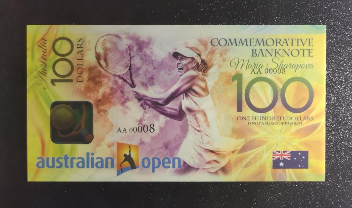 《艾美收藏》第224期-12.14周日外币超白金场 莎拉波娃2023年澳网纪念钞AA冠100元UNC超靓00008号 左下角极轻微压痕