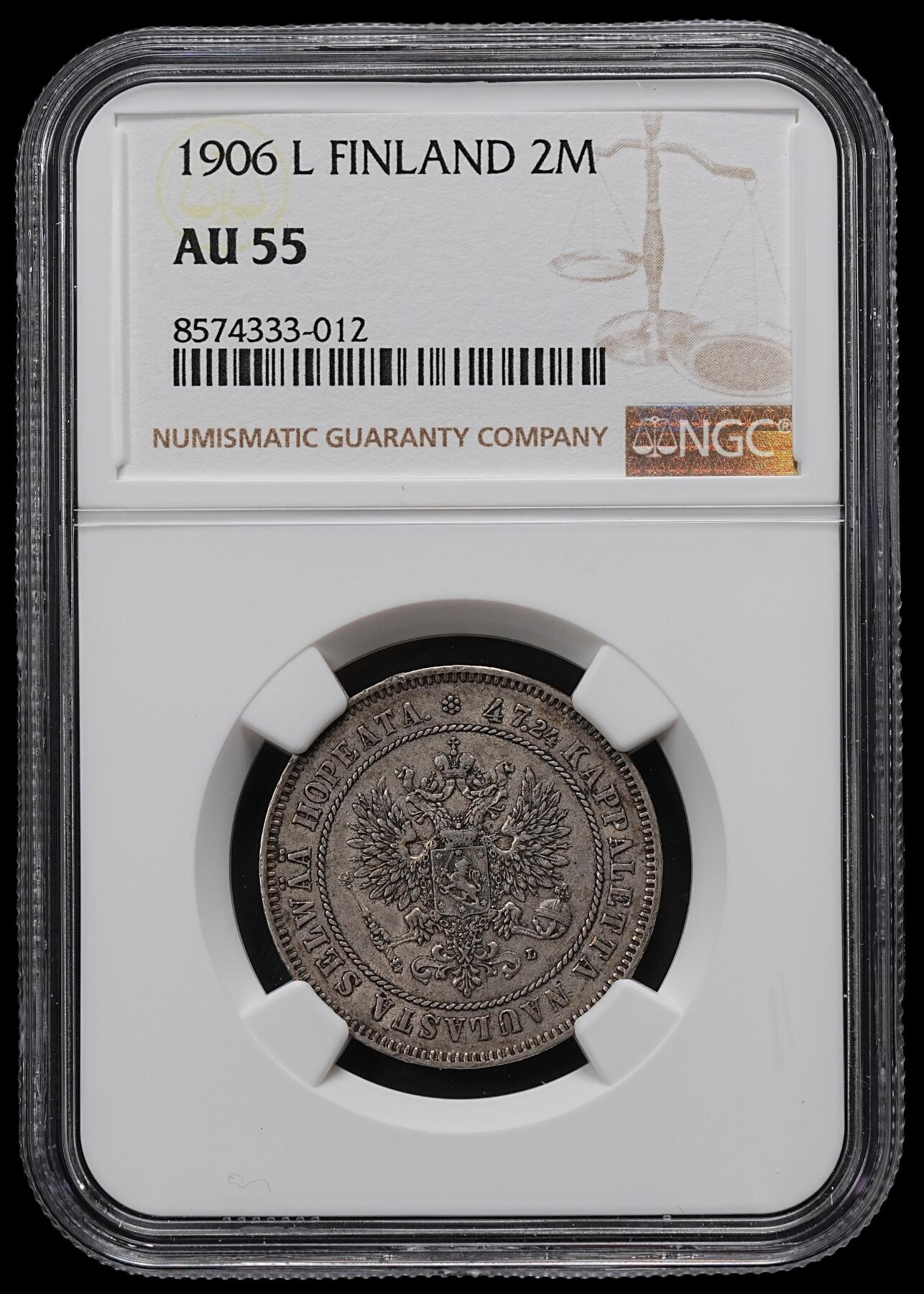 修遠堂世界钱币第九十七期 NGC AU55 1906年芬兰2马克银币 好品少见