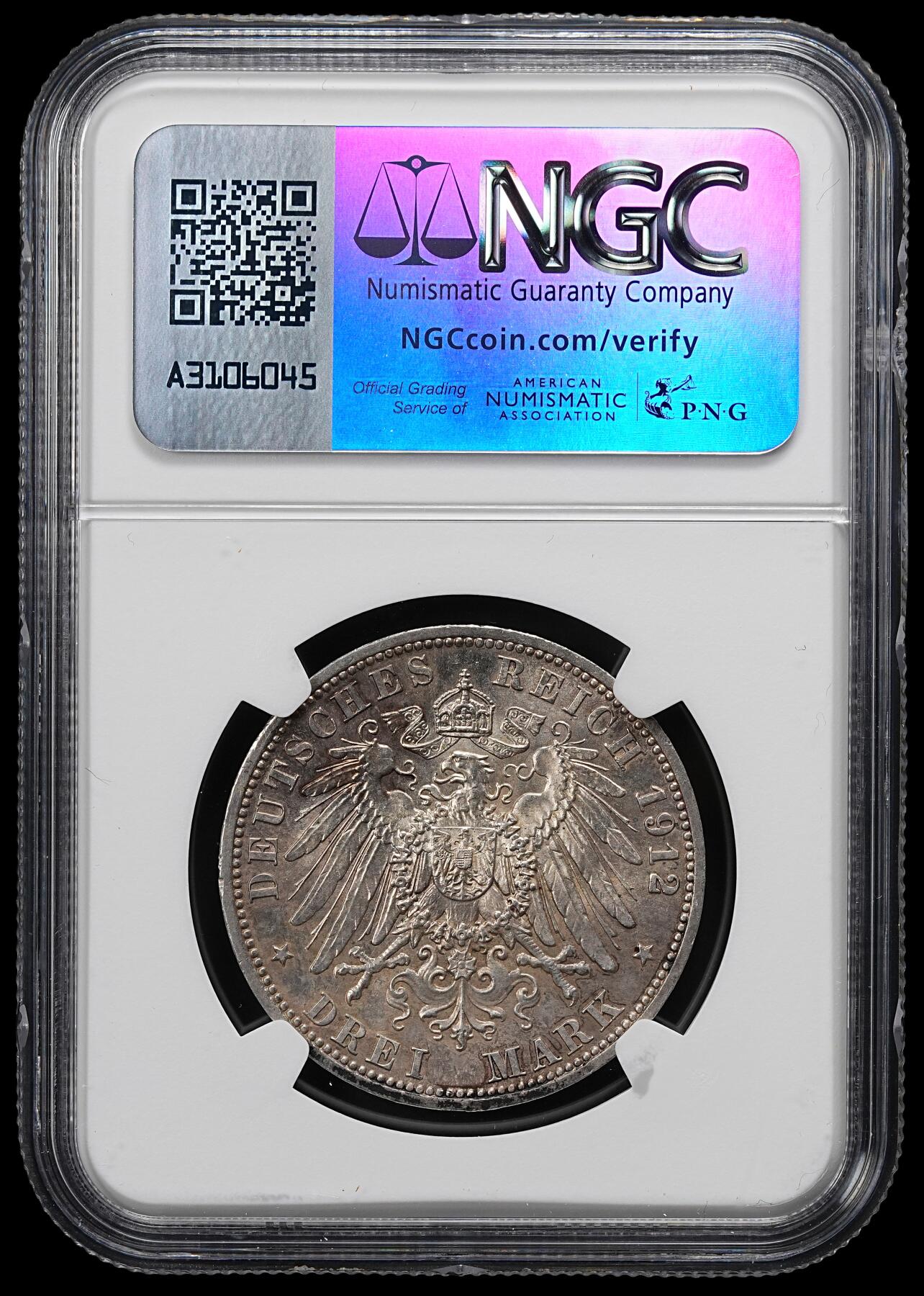 修遠堂世界钱币第九十七期 NGC MS63 1912年普鲁士3马克银币 流通版3马克MS较少见