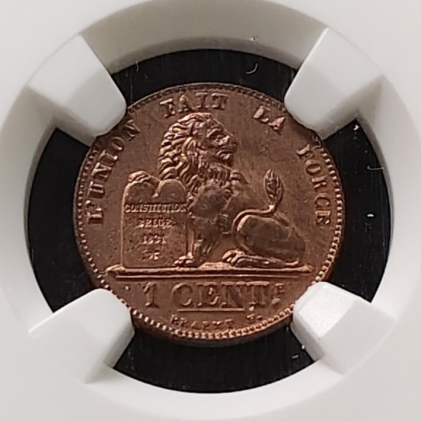 【全场包邮】纯粹捡漏拍487场（免费代拍第24场） 【收藏级·亚军分】比利时1907年利奥波德二世法语版1分铜币-NGC MS65 RB（更高分仅1枚）