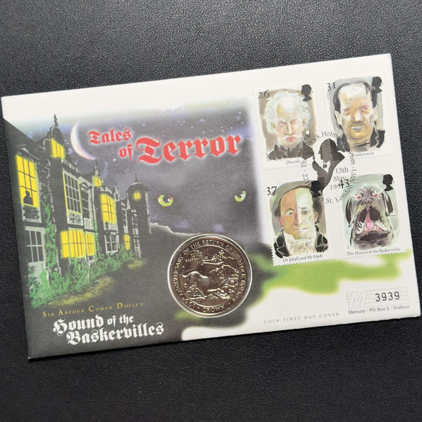 ＜小葵钱铺＞第67期·克朗币·银币场·满200包邮，不寄存·12月15日发货 〈邮币封〉直布罗陀1994年夏洛克•福尔摩斯归来100周年•巴斯克维尔的猎犬1克朗纪念币