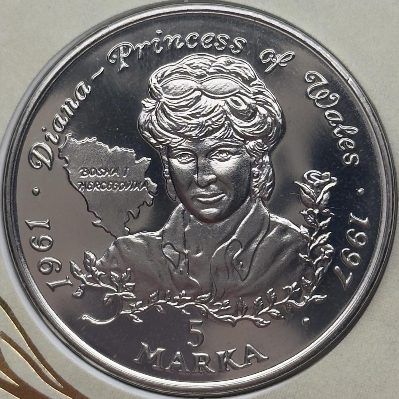 ＜小葵钱铺＞第67期·克朗币·银币场·满200包邮，不寄存·12月15日发货 〈邮币封〉波黑1998年戴安娜王妃5马拉卡克朗型纪念币